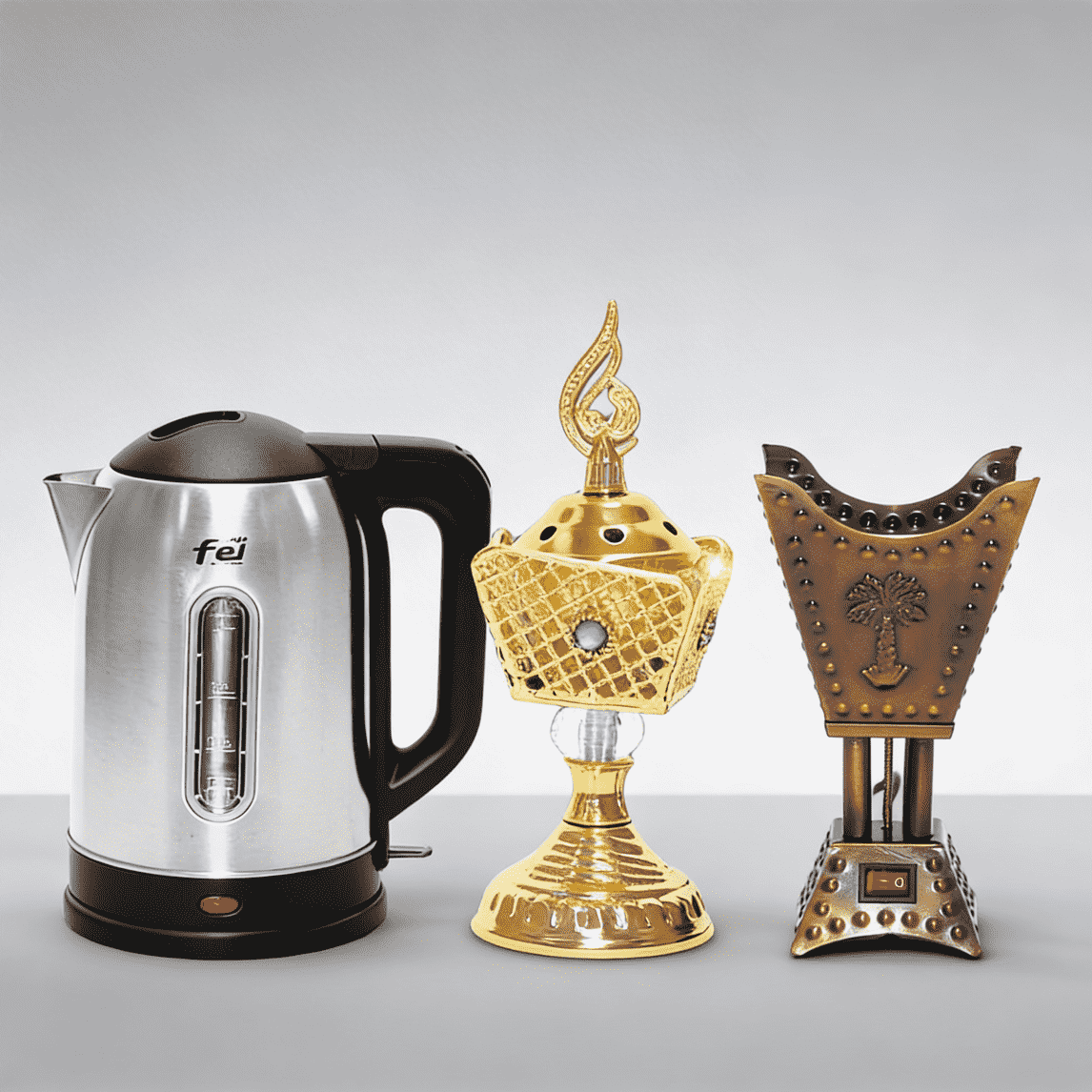 freepik create a image same like the first image but replace the products in the image with the products shown in the next images. i need the kettle and the bakhoor. 0001 transformed